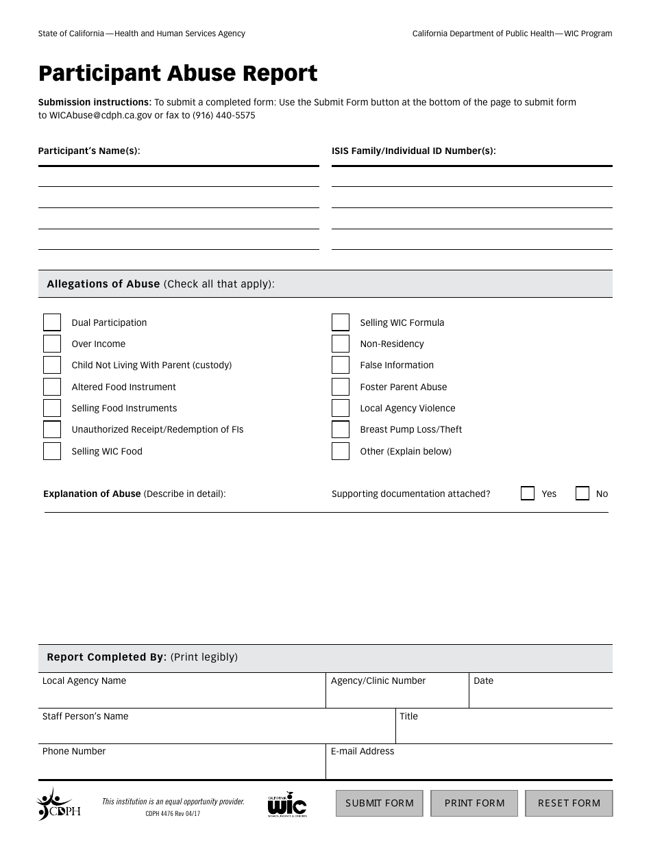 Form CDPH4476 Participant Abuse Report - California, Page 1