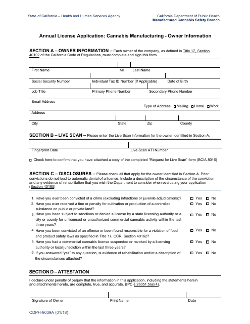 Form CDPH-9039A  Printable Pdf