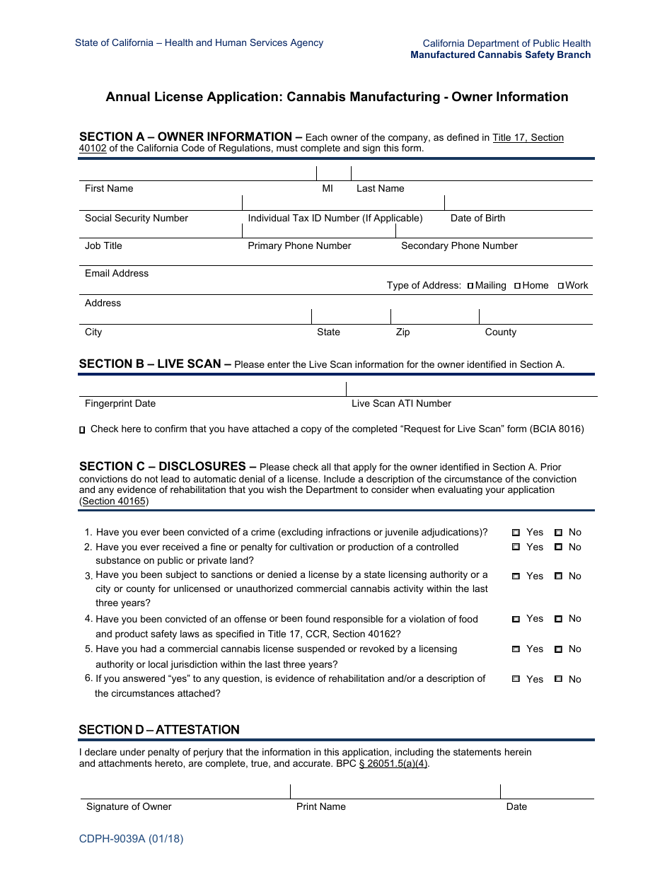 Form CDPH-9039A Annual License Application: Cannabis Manufacturing - Owner Information - California, Page 1