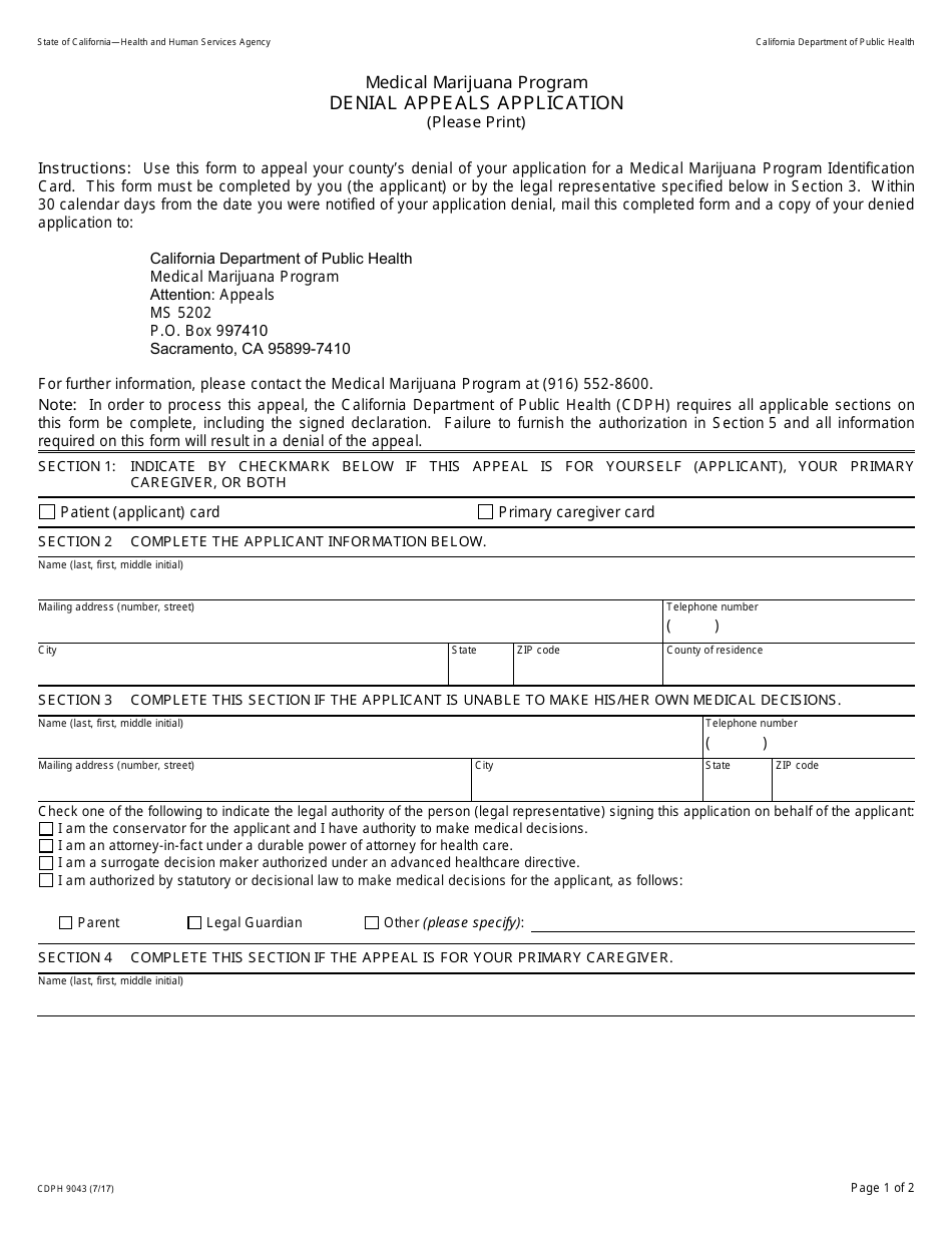 Form CDPH9043 Denial Appeals Application - Medical Marijuana Program - California, Page 1