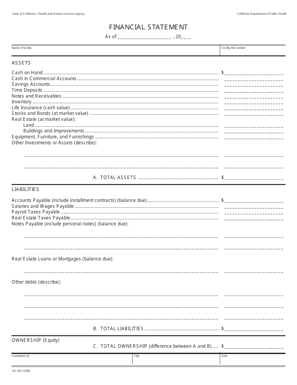 Form HS403 Financial Statement - California, Page 1