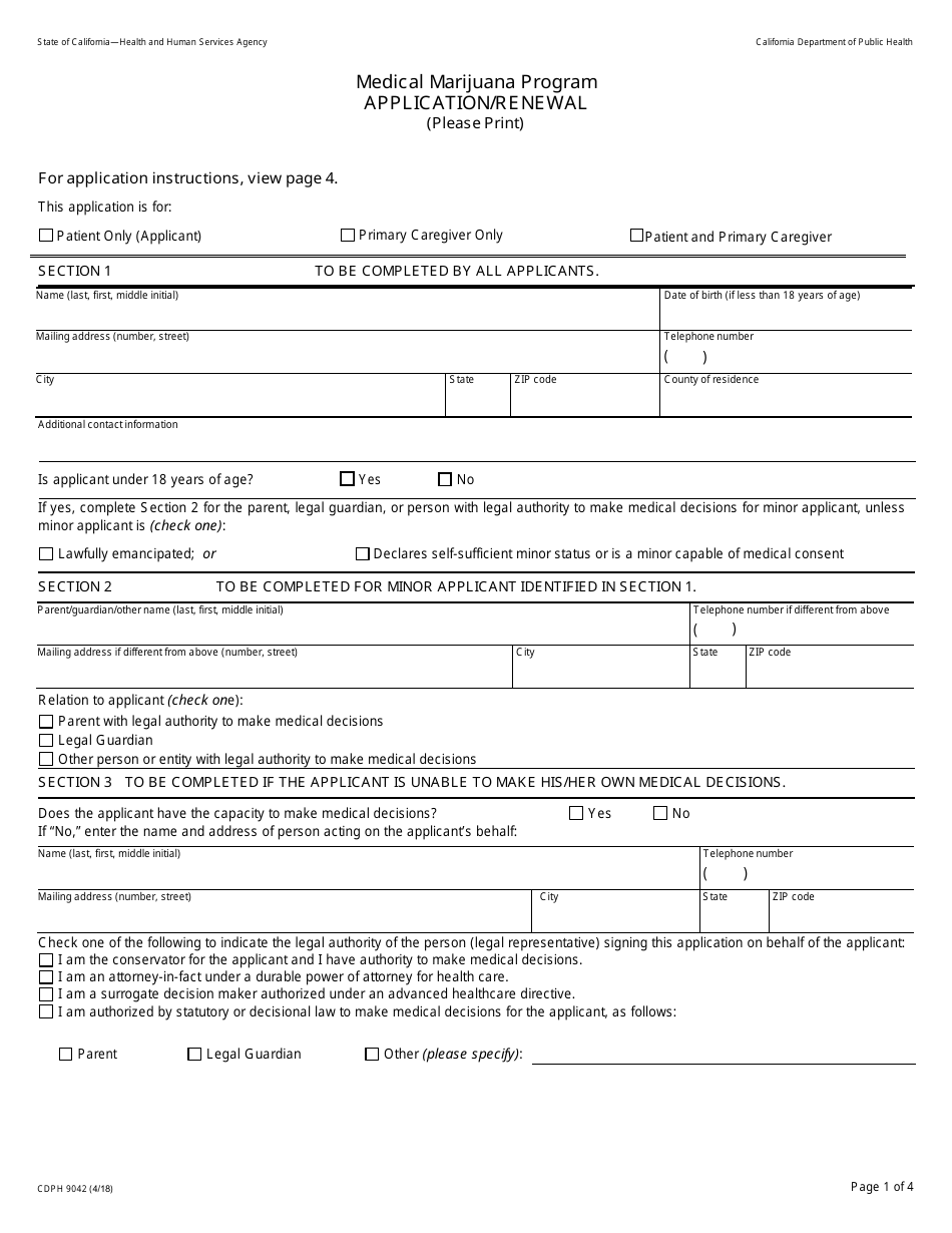 Form CDPH9042 Medical Marijuana Program Application / Renewal - California, Page 1
