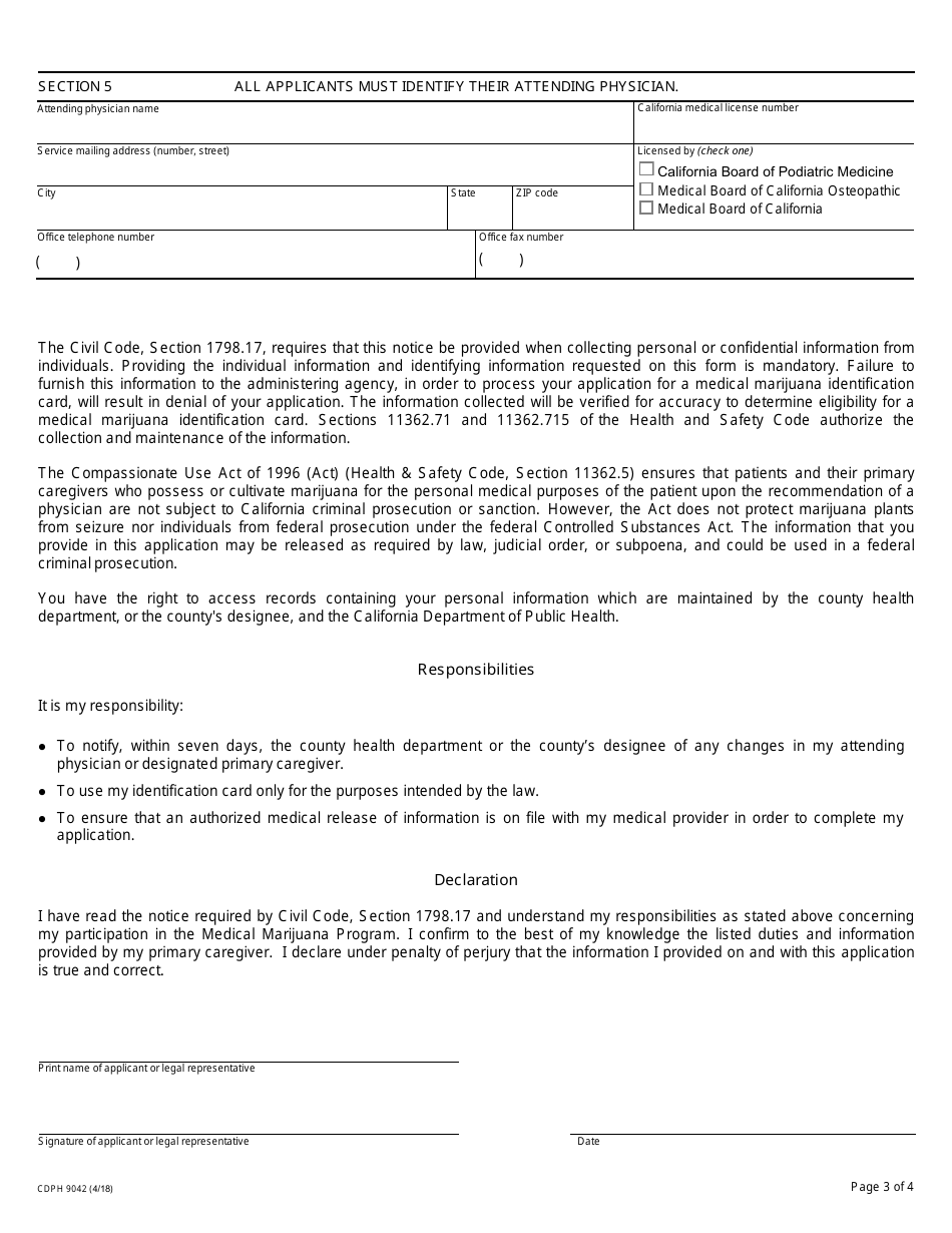 Form CDPH9042 Medical Marijuana Program Application / Renewal - California, Page 3