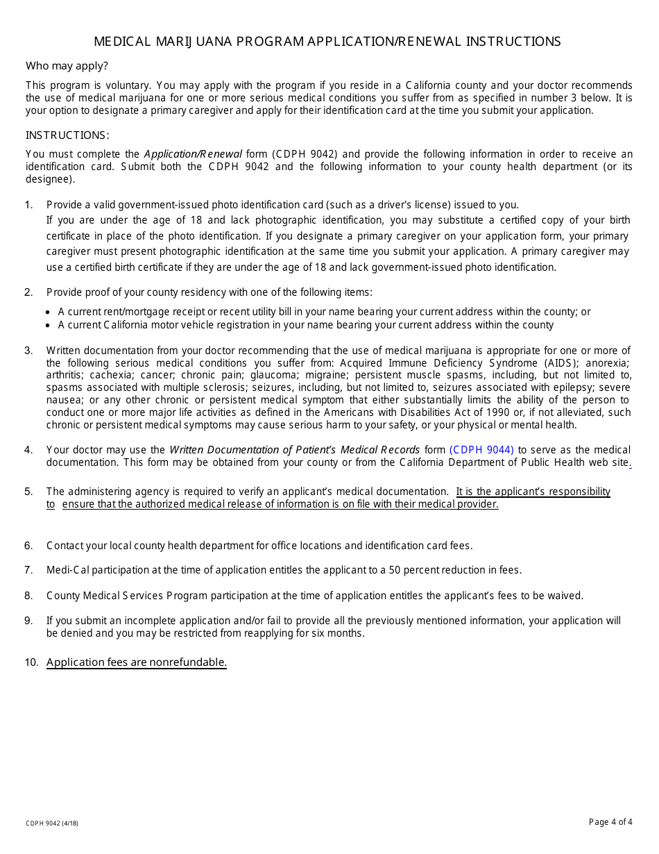 Form CDPH9042 Medical Marijuana Program Application / Renewal - California, Page 4