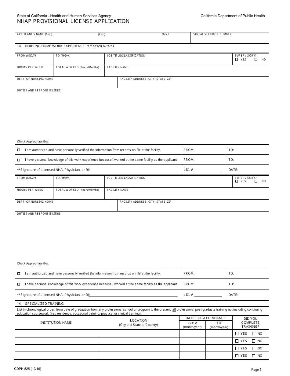 Form CDPH525 Application for Provisional License - California, Page 3