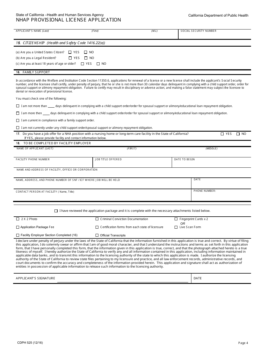 Form CDPH525 Application for Provisional License - California, Page 4