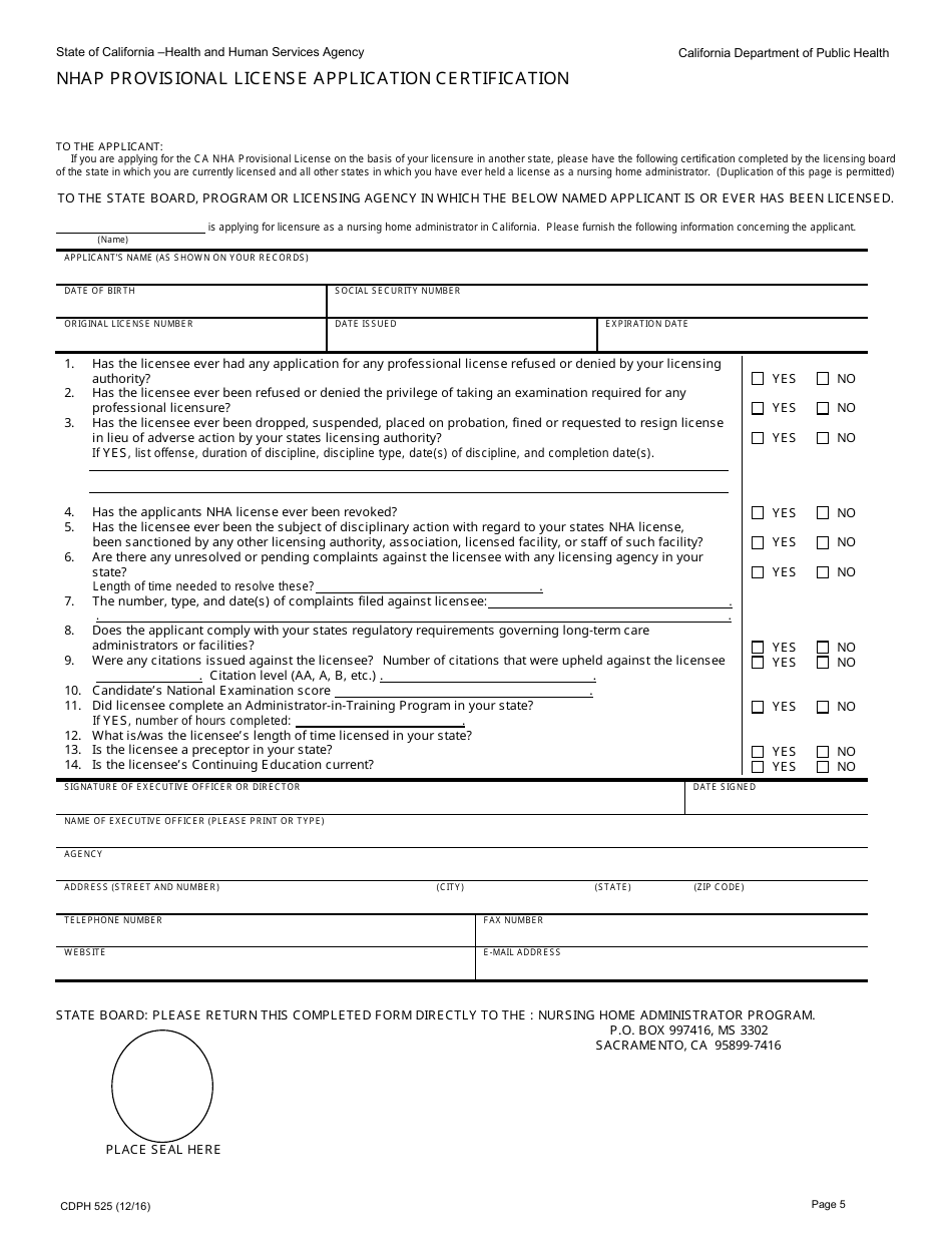 Form CDPH525 Application for Provisional License - California, Page 5