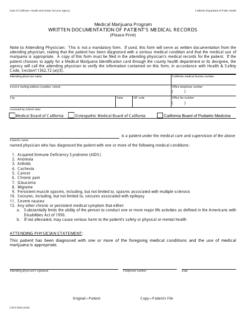Form CDPH9044 Written Documentation of Patient's Medical Records - Medical Marijuana Program - California