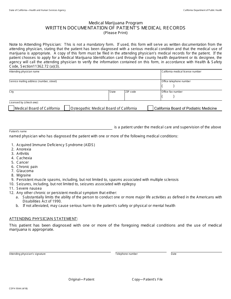 Form CDPH9044 Written Documentation of Patients Medical Records - Medical Marijuana Program - California, Page 1