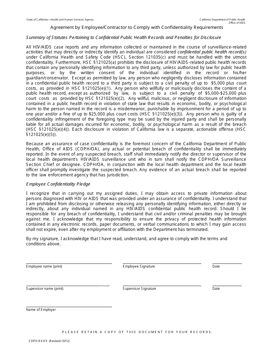 Form CDPH8689 - Fill Out, Sign Online and Download Fillable PDF ...