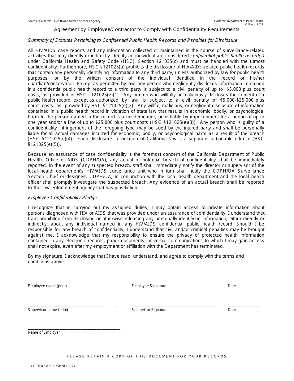 Form CDPH8689 Agreement by Employees / Contractor to Comply With Confidentiality Requirements - California, Page 1