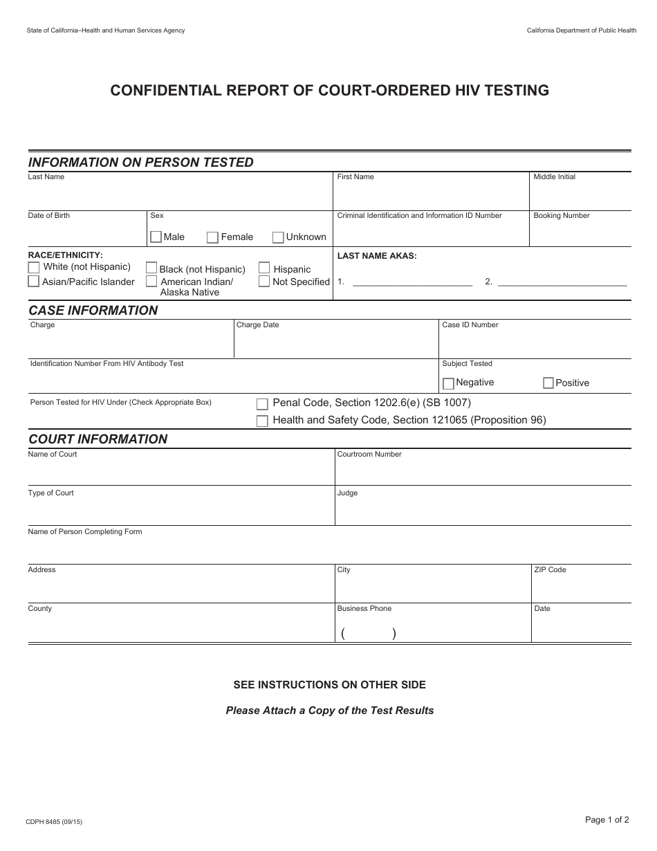 Form CDPH8485 Confidential Report of Court-Ordered HIV Testing - California, Page 1