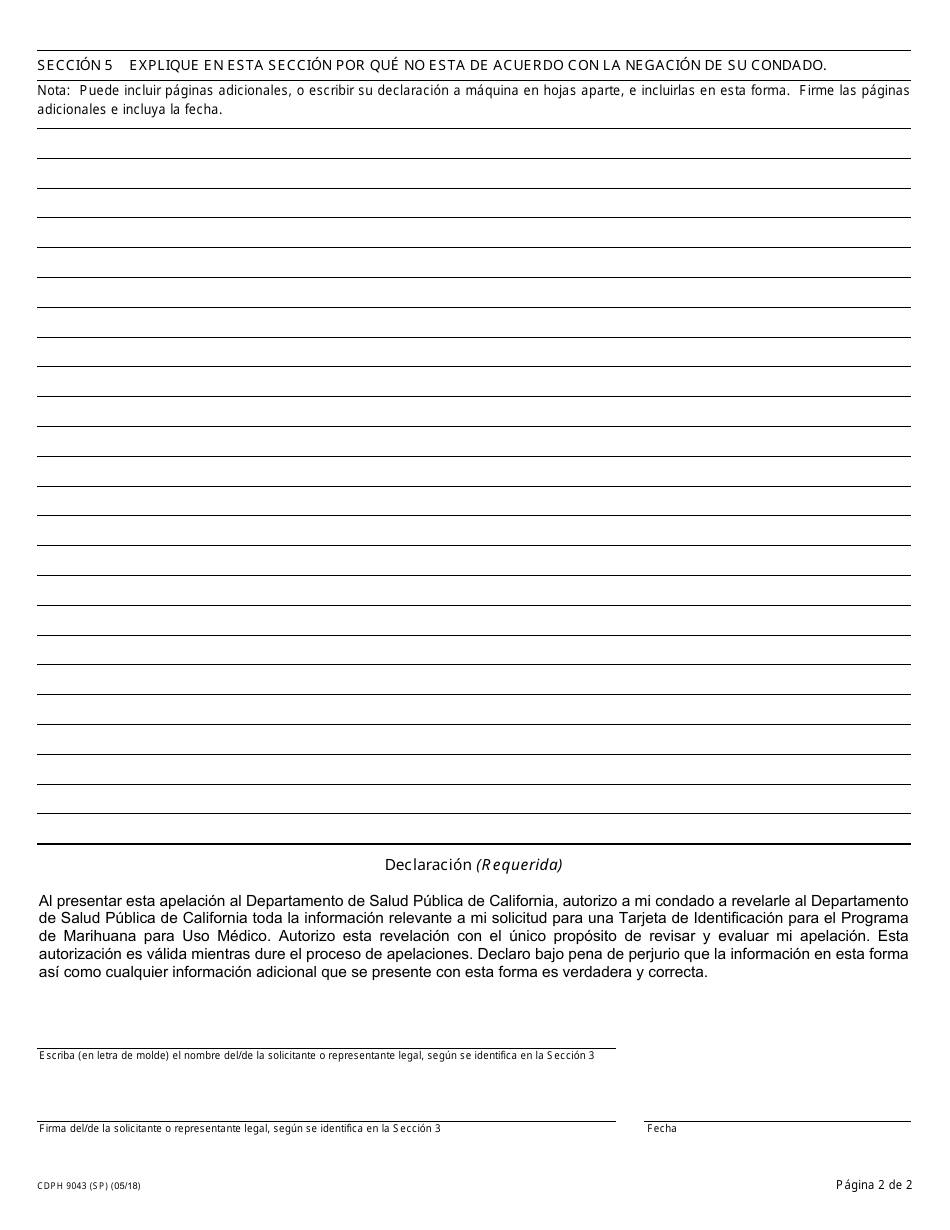 Formulario CDPH9043 (SP) Solicitud De Apelacion Denegacion - Programa De Marihuana Para Uso Medico - California (Spanish), Page 2