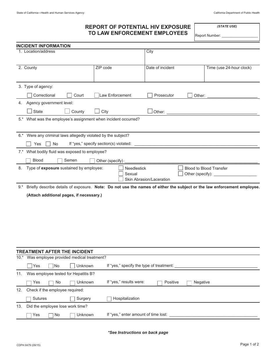 Form CDPH8479 Report of Potential HIV Exposure to Law Enforcement Employees - California, Page 1