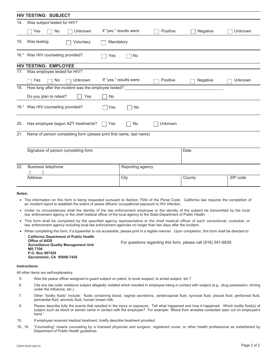 Form CDPH8479 Report of Potential HIV Exposure to Law Enforcement Employees - California, Page 2