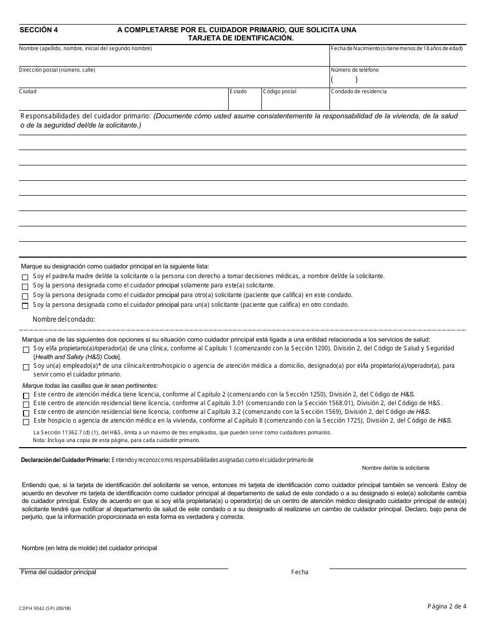 Formulario CDPH9042 (SP) Solicitud / Renovacion - Programa De Marihuana Para Uso Medico - California (Spanish), Page 2