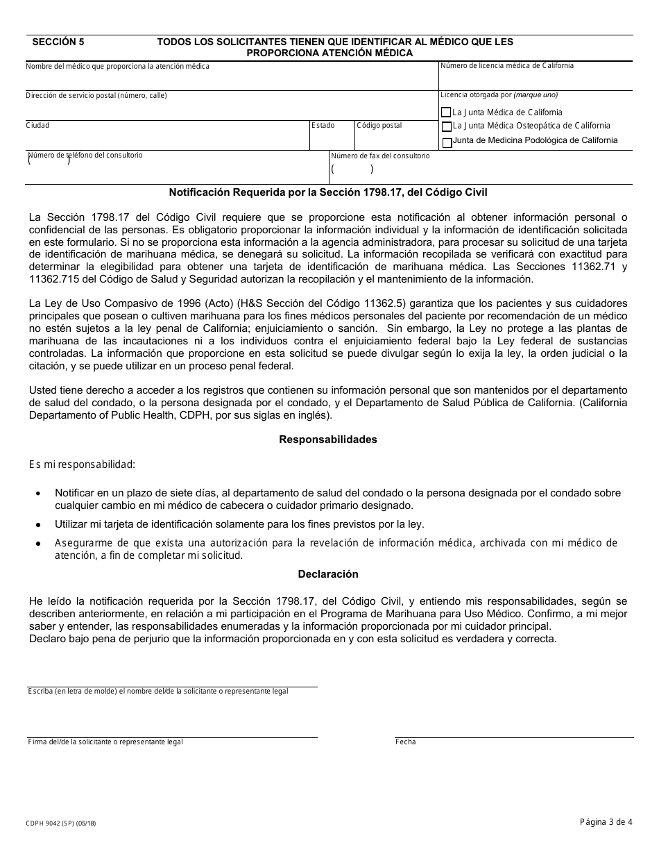Formulario CDPH9042 (SP) Solicitud / Renovacion - Programa De Marihuana Para Uso Medico - California (Spanish), Page 3