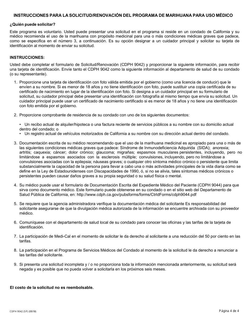 Formulario CDPH9042 (SP) Solicitud / Renovacion - Programa De Marihuana Para Uso Medico - California (Spanish), Page 4
