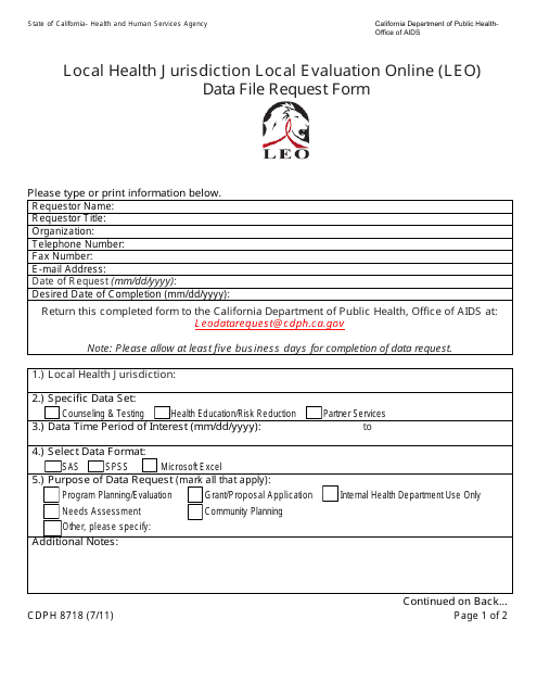 Form CDPH8718  Printable Pdf