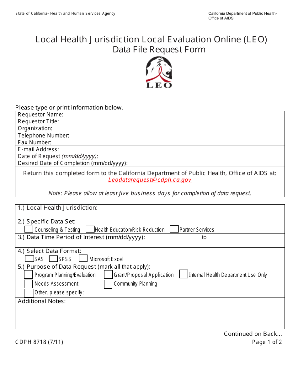 Form CDPH8718 Local Health Jurisdiction Local Evaluation Online (Leo) Data File Request Form - California, Page 1