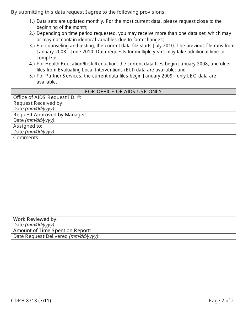 Form CDPH8718 Local Health Jurisdiction Local Evaluation Online (Leo) Data File Request Form - California, Page 2