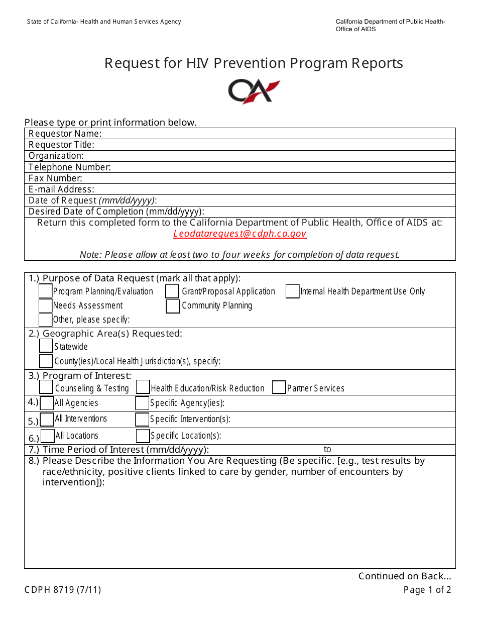 Form CDPH8719 Request for HIV Prevention Program Reports - California, Page 1