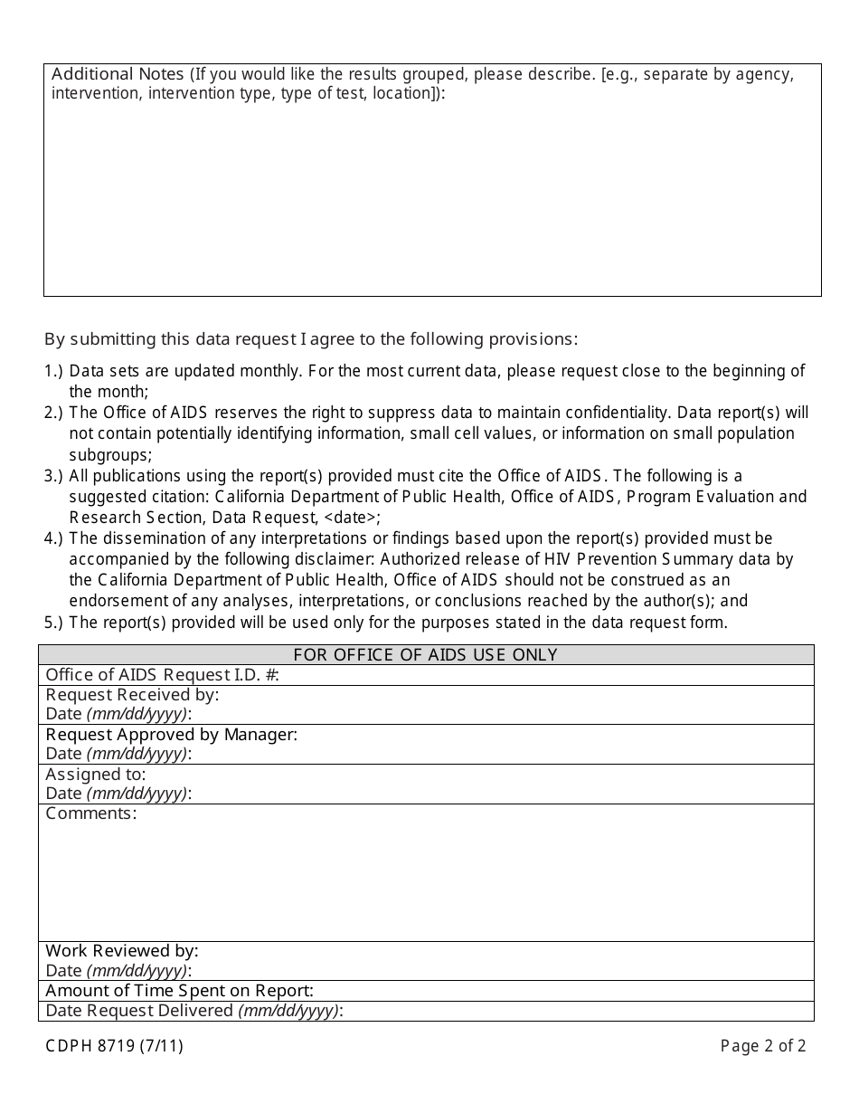 Form CDPH8719 Request for HIV Prevention Program Reports - California, Page 2