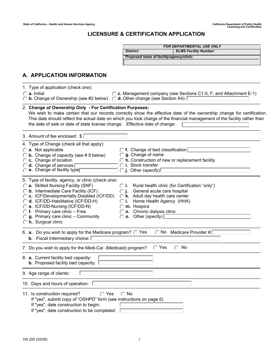 Form HS200 Licensure and Certification Application - California, Page 1