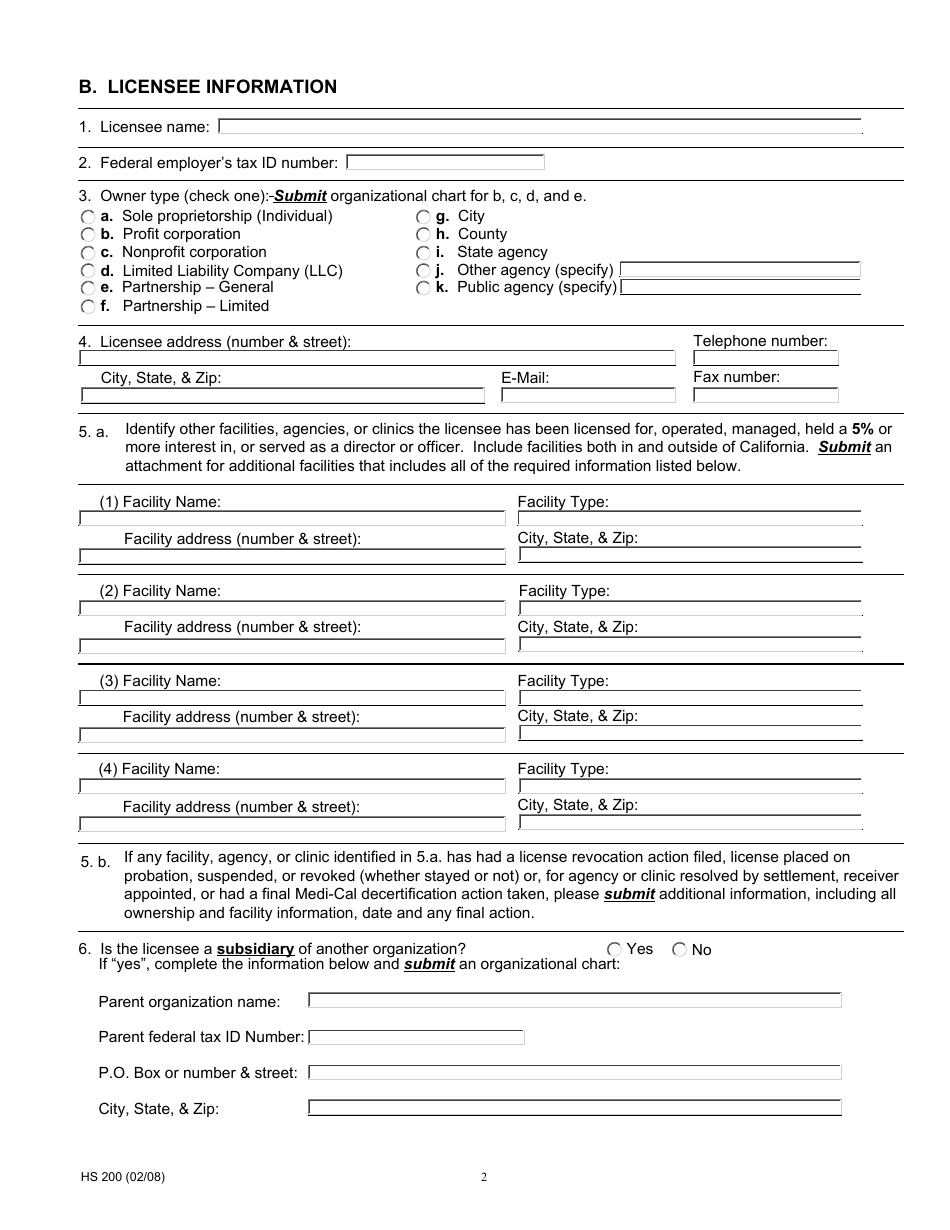 Form HS200 Licensure and Certification Application - California, Page 2