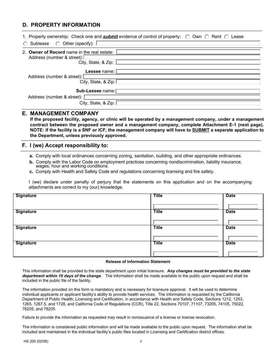 Form HS200 Licensure and Certification Application - California, Page 4