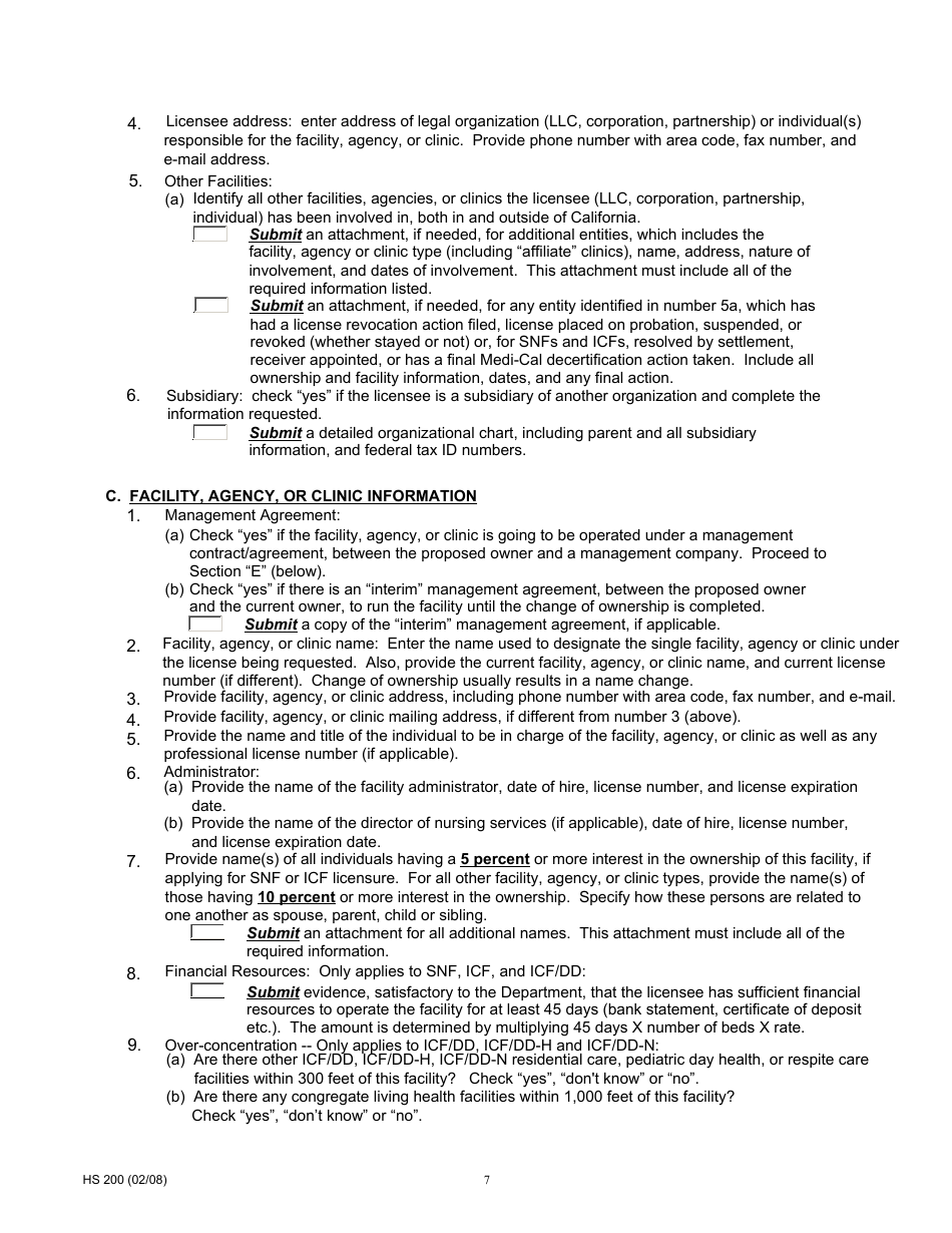 Form HS200 Licensure and Certification Application - California, Page 7