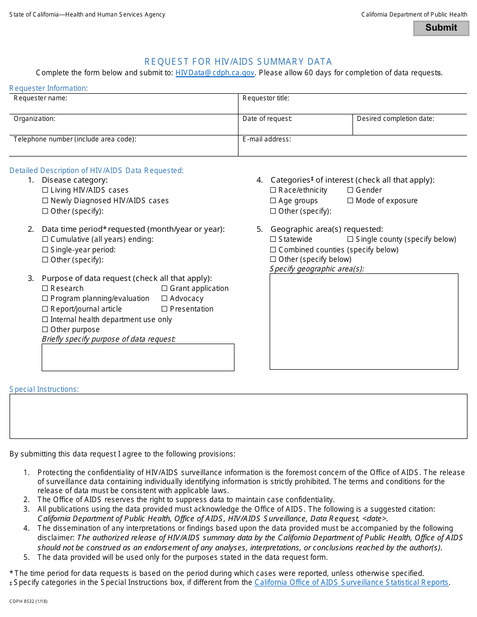 Form CDPH8532 Request for HIV / AIDS Summary Data - California, Page 1