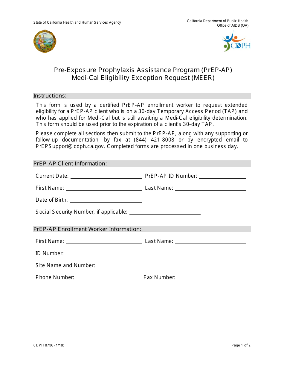 Form CDPH8736 Pre-exposure Prophylaxis Assistance Program (Prep-Ap) Medi-Cal Eligibility Request (Meer) - California, Page 1