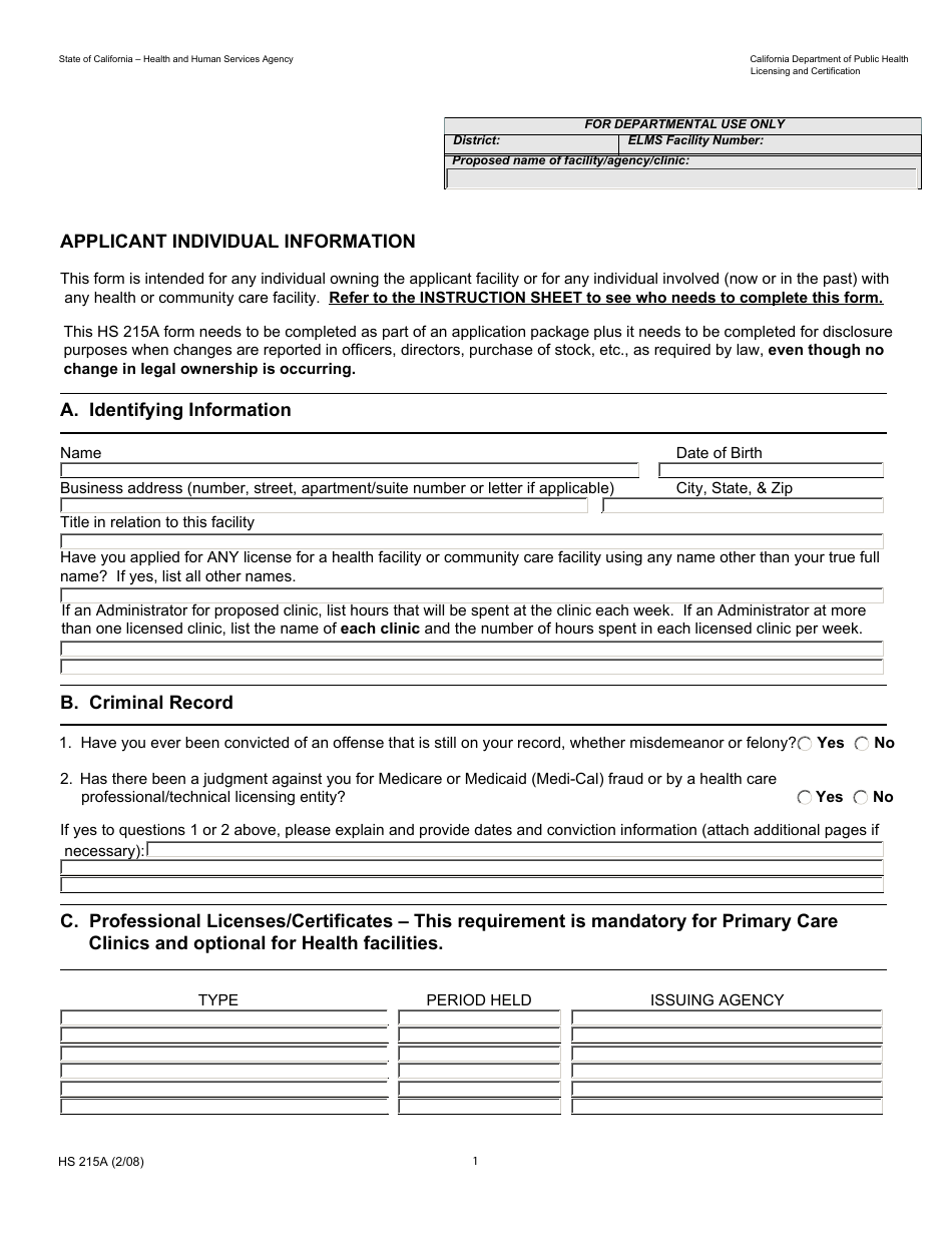 Form HS215A Applicant Individual Information - California, Page 1