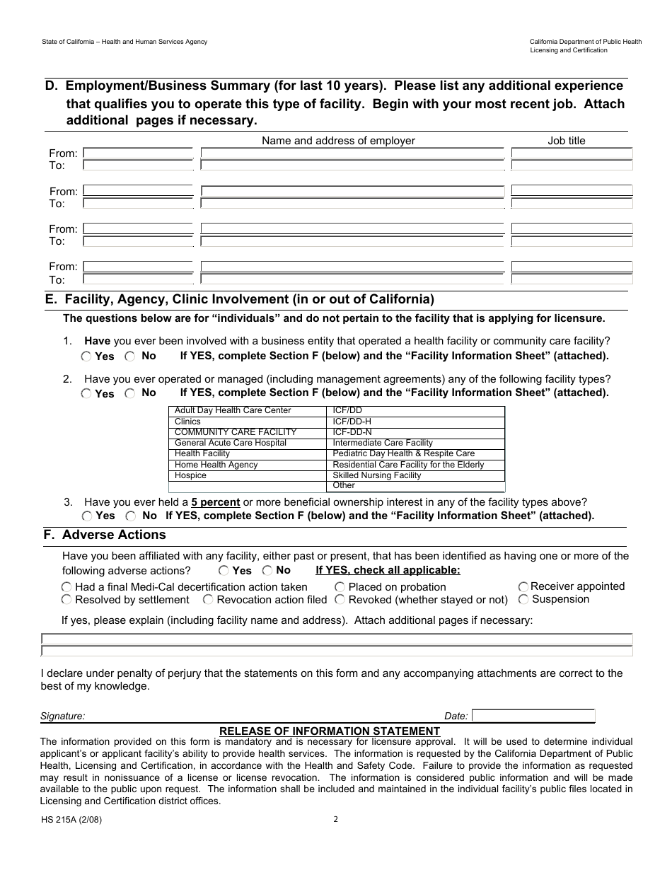 Form HS215A Applicant Individual Information - California, Page 2