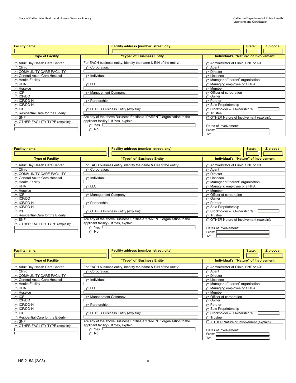 Form HS215A Applicant Individual Information - California, Page 4