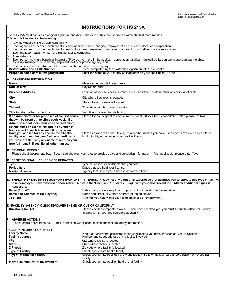 Form HS215A Applicant Individual Information - California, Page 5