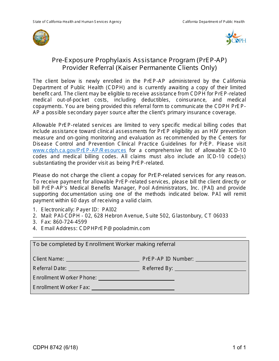 Form CDPH8742 Pre-exposure Prophylaxis Assistance Program (Prep-Ap) Provider Referral (Kaiser Permanente Clients Only) - California, Page 1