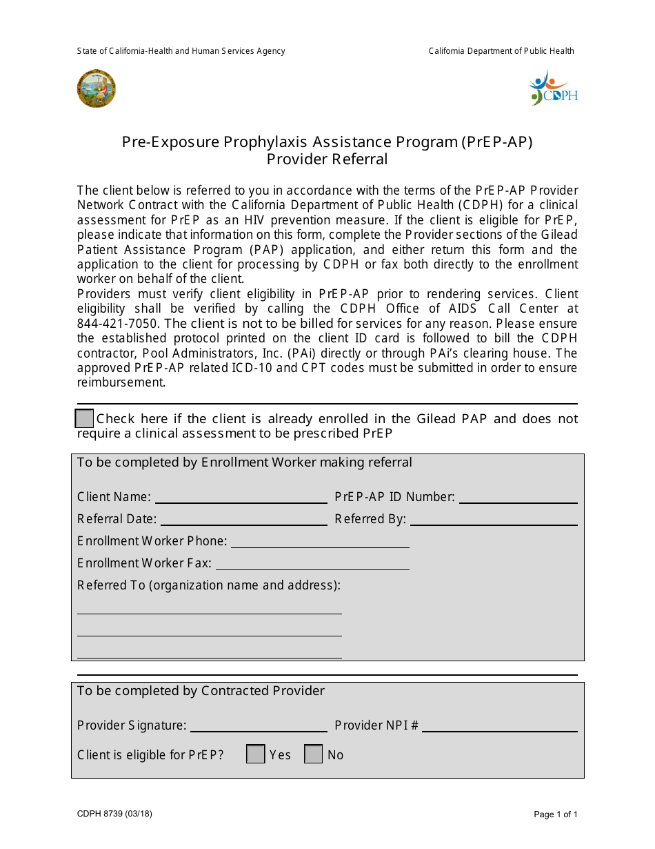 Form CDPH8739 Pre-exposure Prophylaxis Assistance Program (Prep-Ap) Provider Referral - California, Page 1