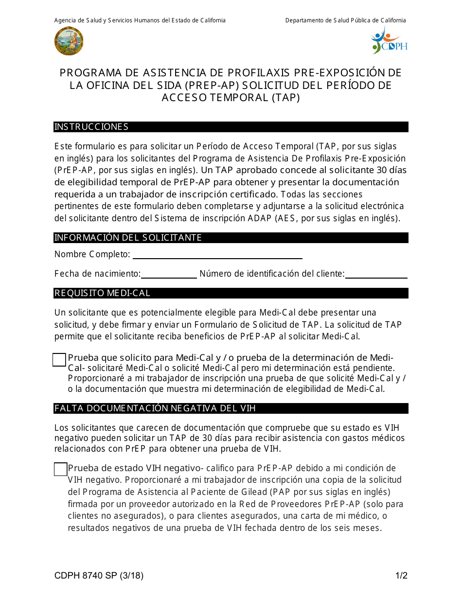 Formulario CDPH8740 SP Programa De Asistencia De Profilaxis Pre-exposicion De La Oficina Del Sida (Prep-Ap) Solicitud Del Periodo De Acceso Temporal (Tap) - California (Spanish), Page 1