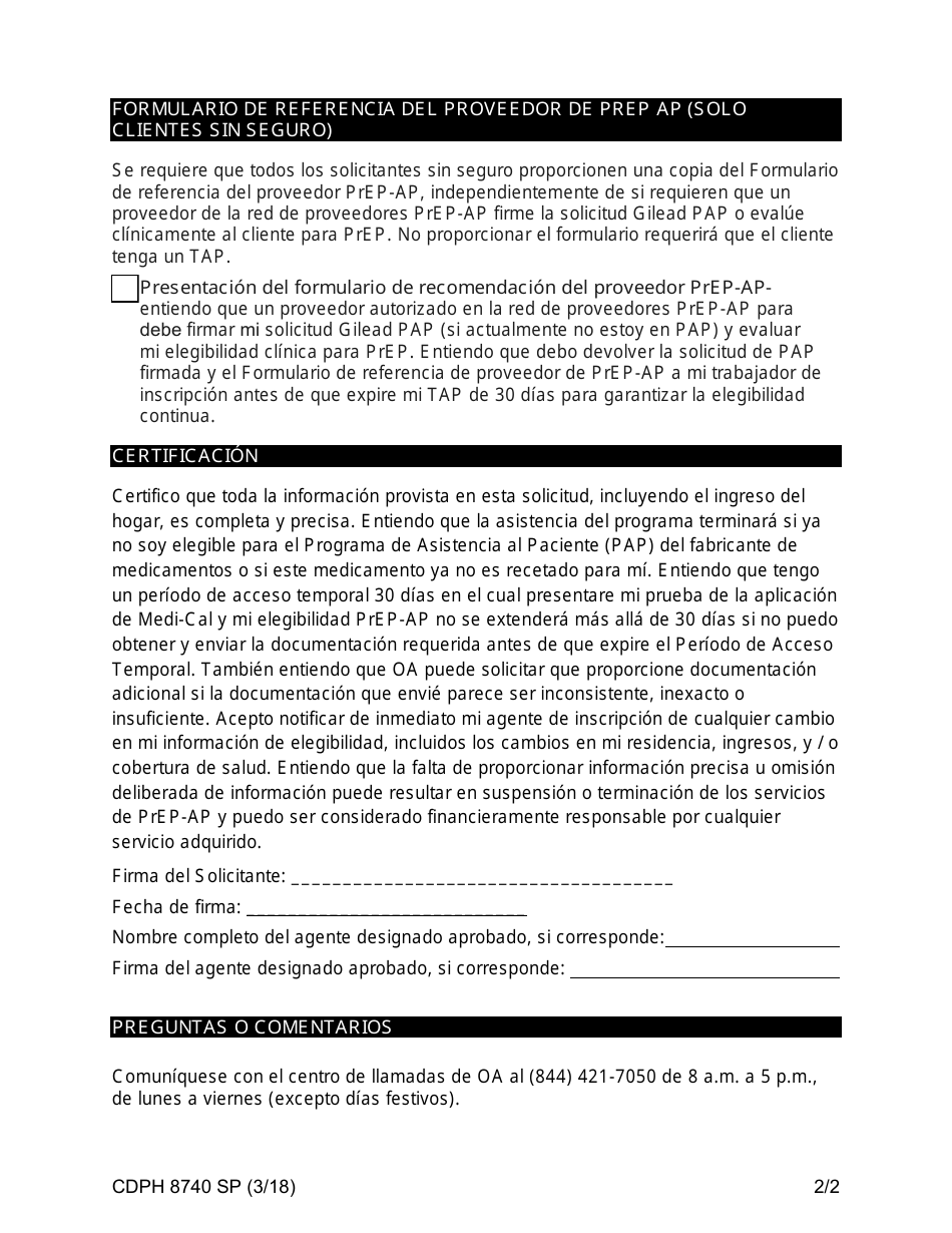 Formulario CDPH8740 SP Programa De Asistencia De Profilaxis Pre-exposicion De La Oficina Del Sida (Prep-Ap) Solicitud Del Periodo De Acceso Temporal (Tap) - California (Spanish), Page 2