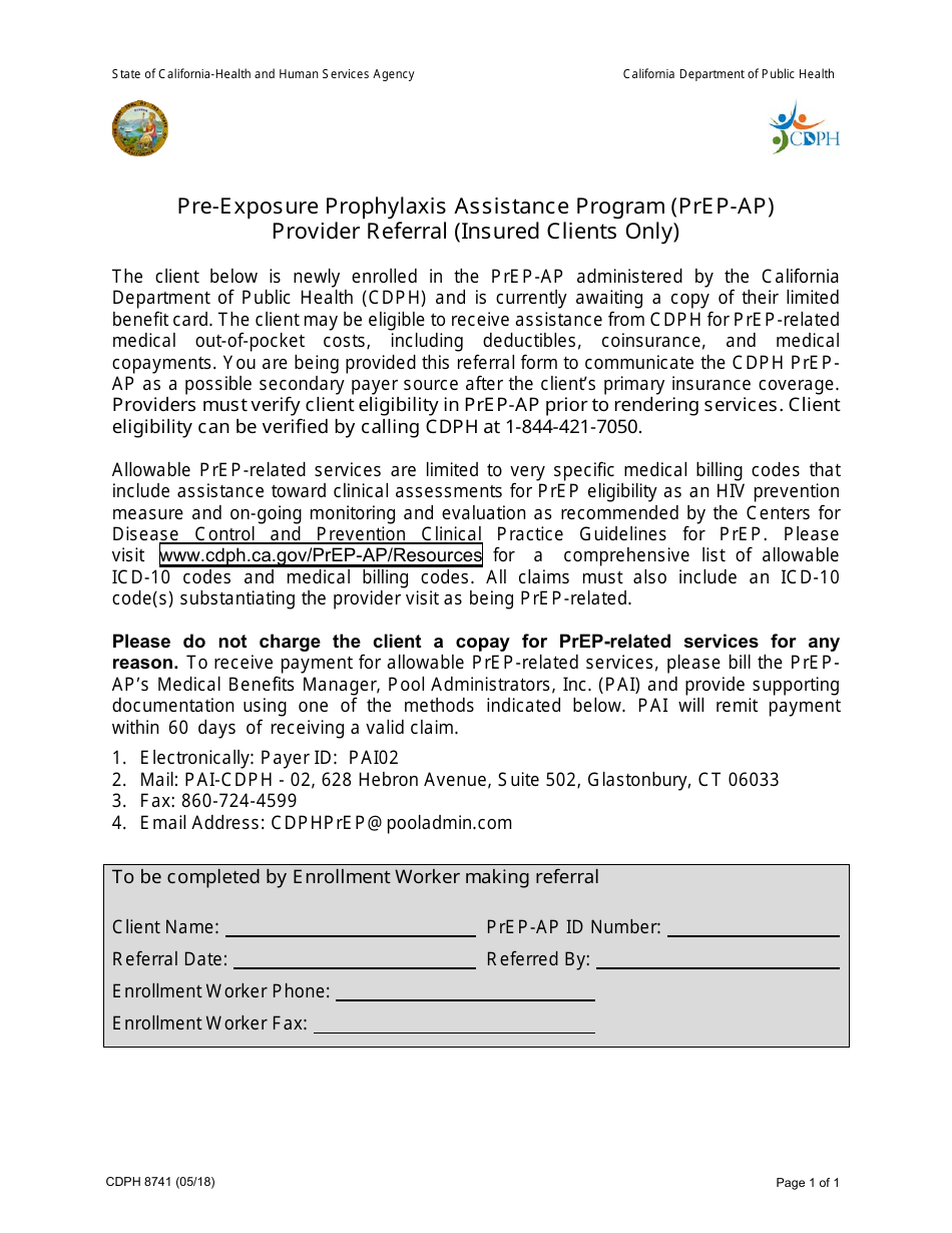 Form CDPH8741 Pre-exposure Prophylaxis Assistance Program (Prep-Ap) Provider Referral (Insured Clients Only) - California, Page 1