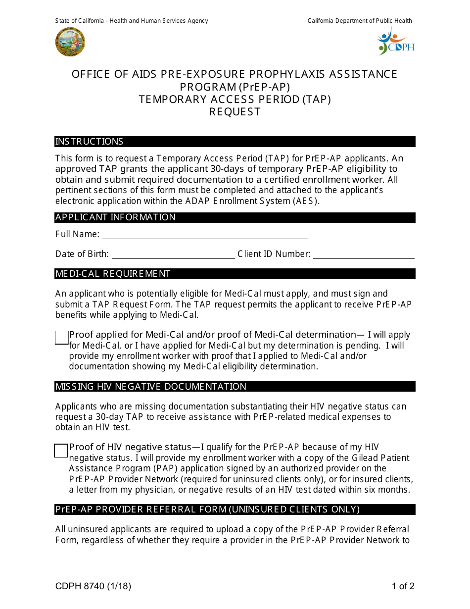 Form CDPH8740 Office of AIDS Pre-exposure Prophylaxis Assistance Program (Prep-Ap) Temporary Access Period (Tap) Request - California, Page 1