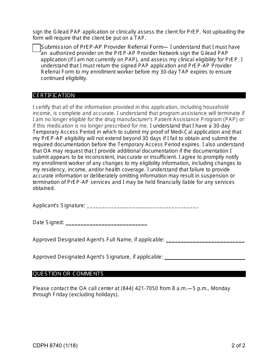Form CDPH8740 Office of AIDS Pre-exposure Prophylaxis Assistance Program (Prep-Ap) Temporary Access Period (Tap) Request - California, Page 2