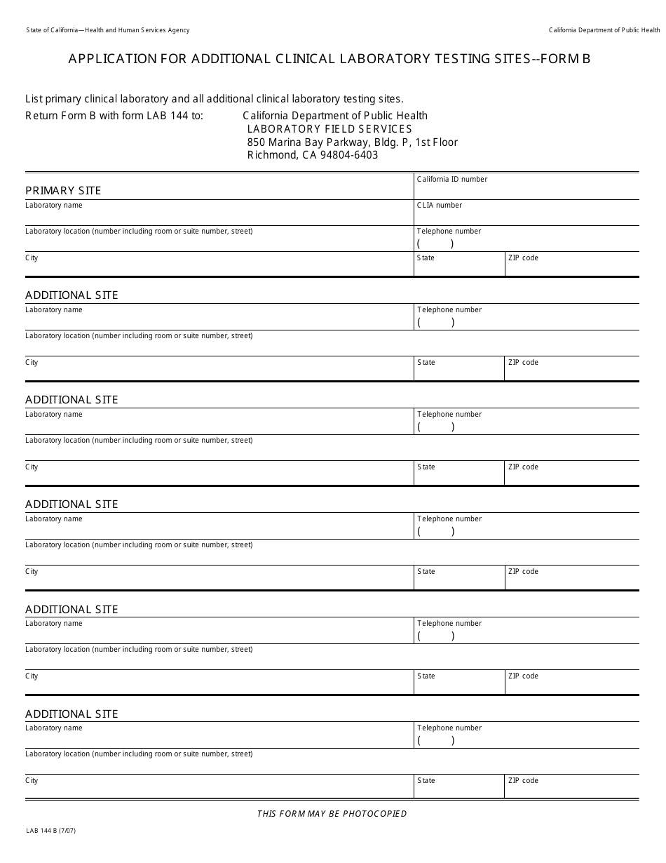 Form LAB144 B Application for Additional Clinical Laboratory Testing Sites - California, Page 1