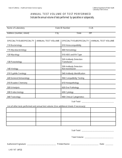 Form LAB167  Printable Pdf