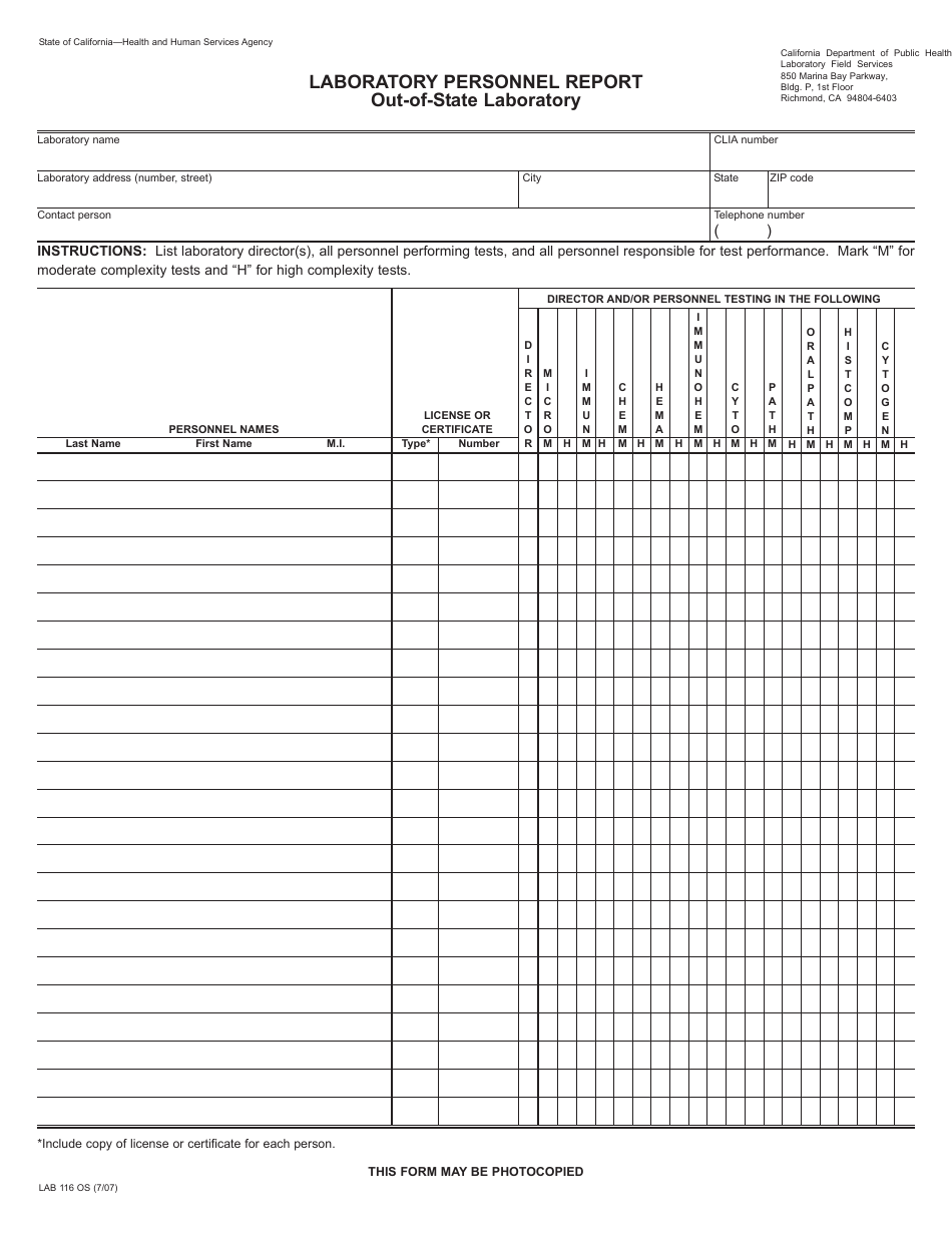 Form LAB116 OS Laboratory Personnel Report - Out-of-State Laboratory - California, Page 1