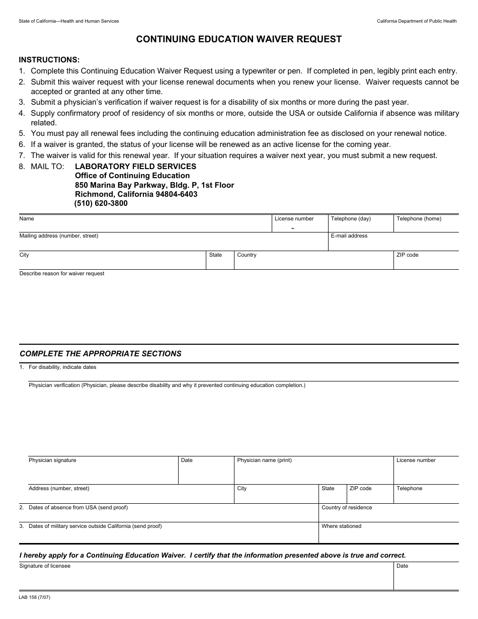 Form LAB158 Continuing Education Waiver Request - California, Page 1