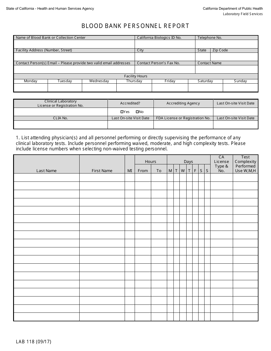 Form LAB118 Blood Bank Personnel Report - California, Page 1