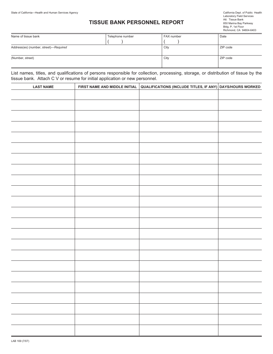 Form LAB169 Tissue Bank Personnel Report - California, Page 1